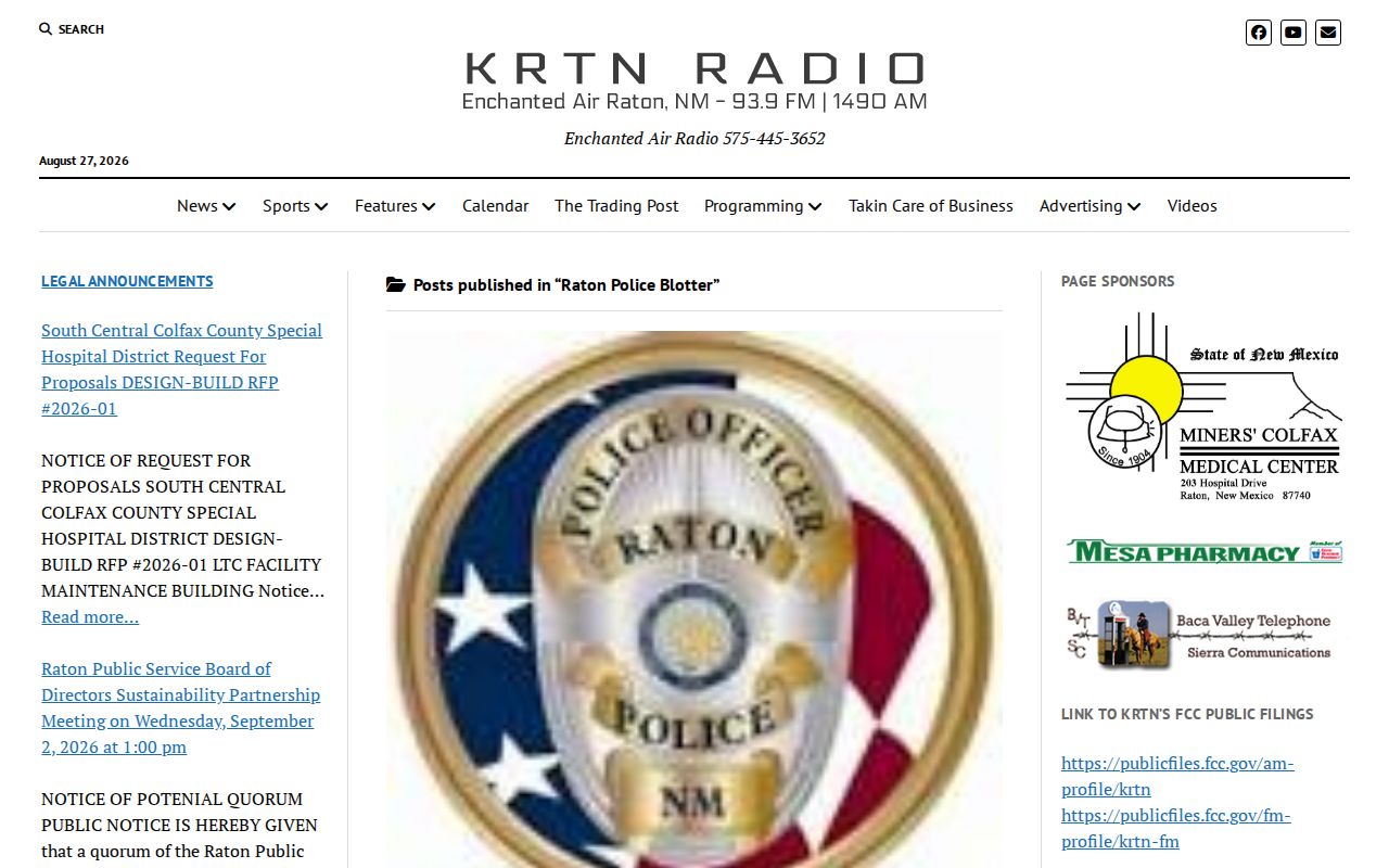 KRTN Radio Raton Police Blotter archive webpage